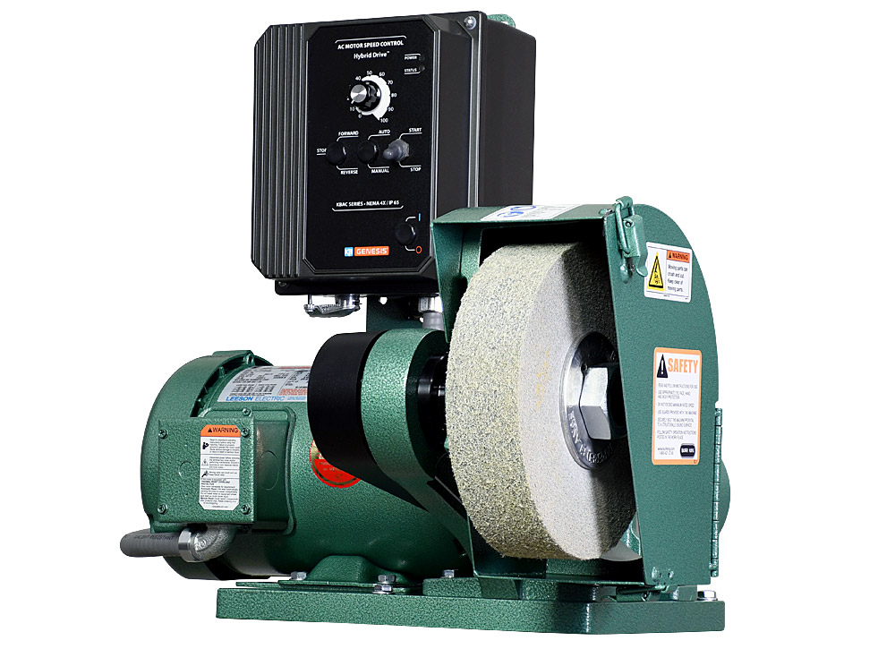 81110 model 800 polishing lathe / buffer / deburring machine with deburring wheel and optional DS8 dust scoop.

120 volt variable speed 1.5 HP motor.

Shown from the right hand side.